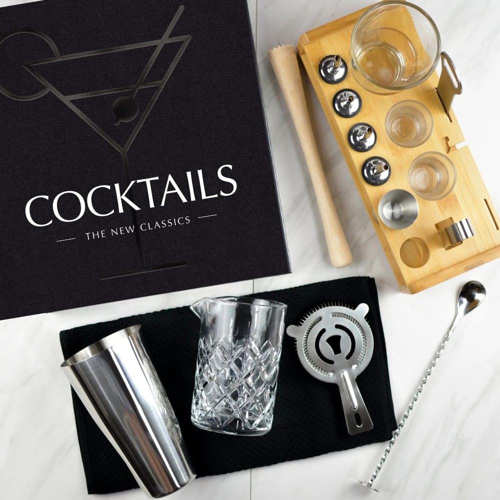 luxury Bartending gift set set with books and tools on a white surface