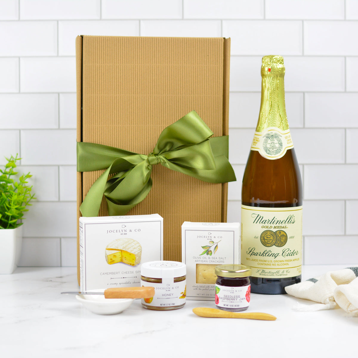sparkling cider gourmet gift basket with cheese and crackers