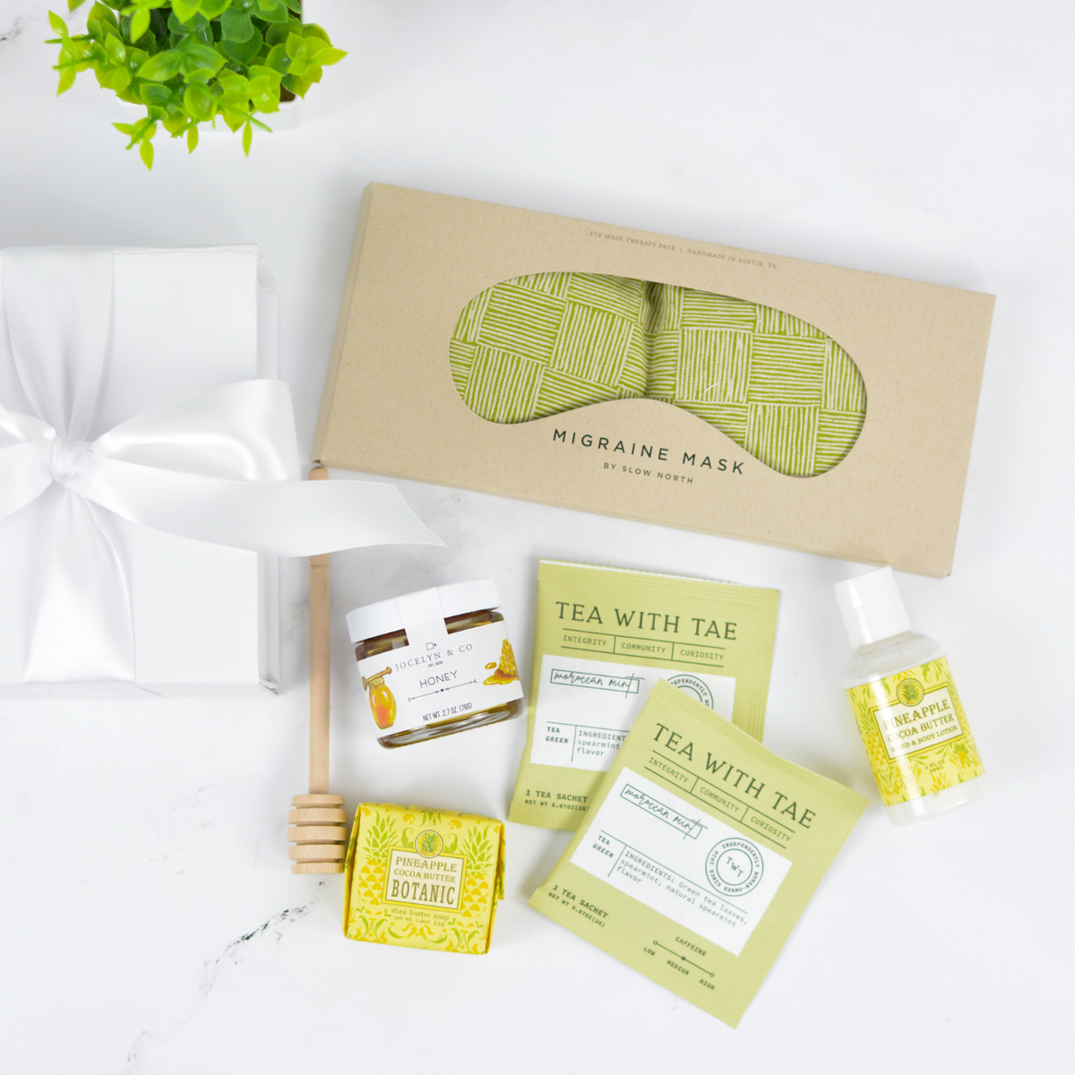stress relief gift box with tea honey and eye mask