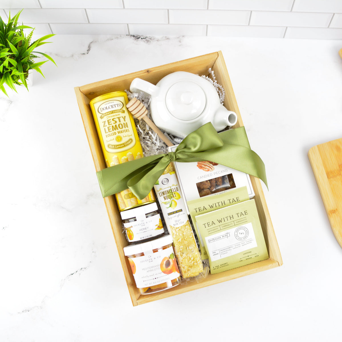 tea break gift basket with teapot and gourmet treats