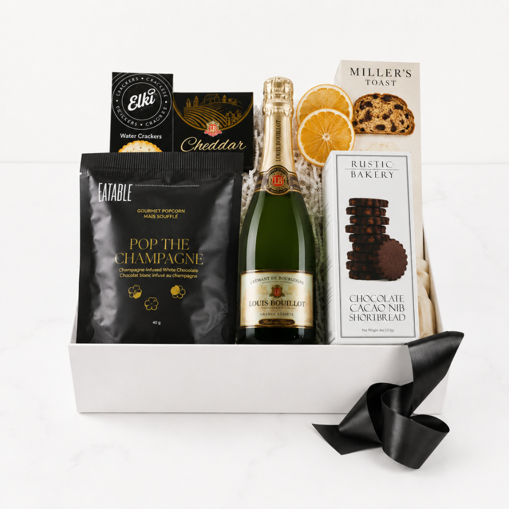 champagne celebration gift box with snacks.  wholesale and dropshipping gift baskets