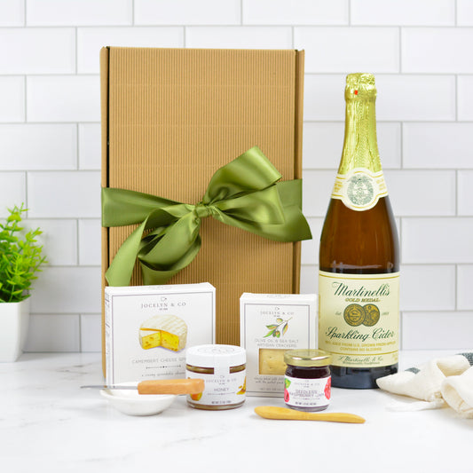 sparkling cider gourmet gift basket with cheese and crackers